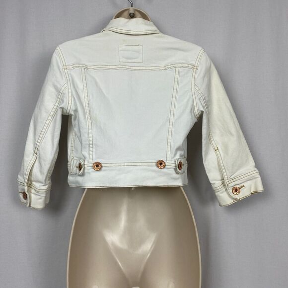 Vtg Levi’s Cropped Jean Jacket Womens Medium Beige Stretch Denim Trucker Y2K - Picture 5 of 16